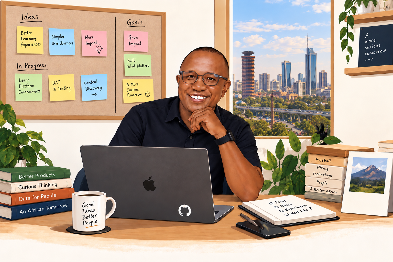 Sammy Mati smiling at his desk, surrounded by product notes, books, plants, and a city view.